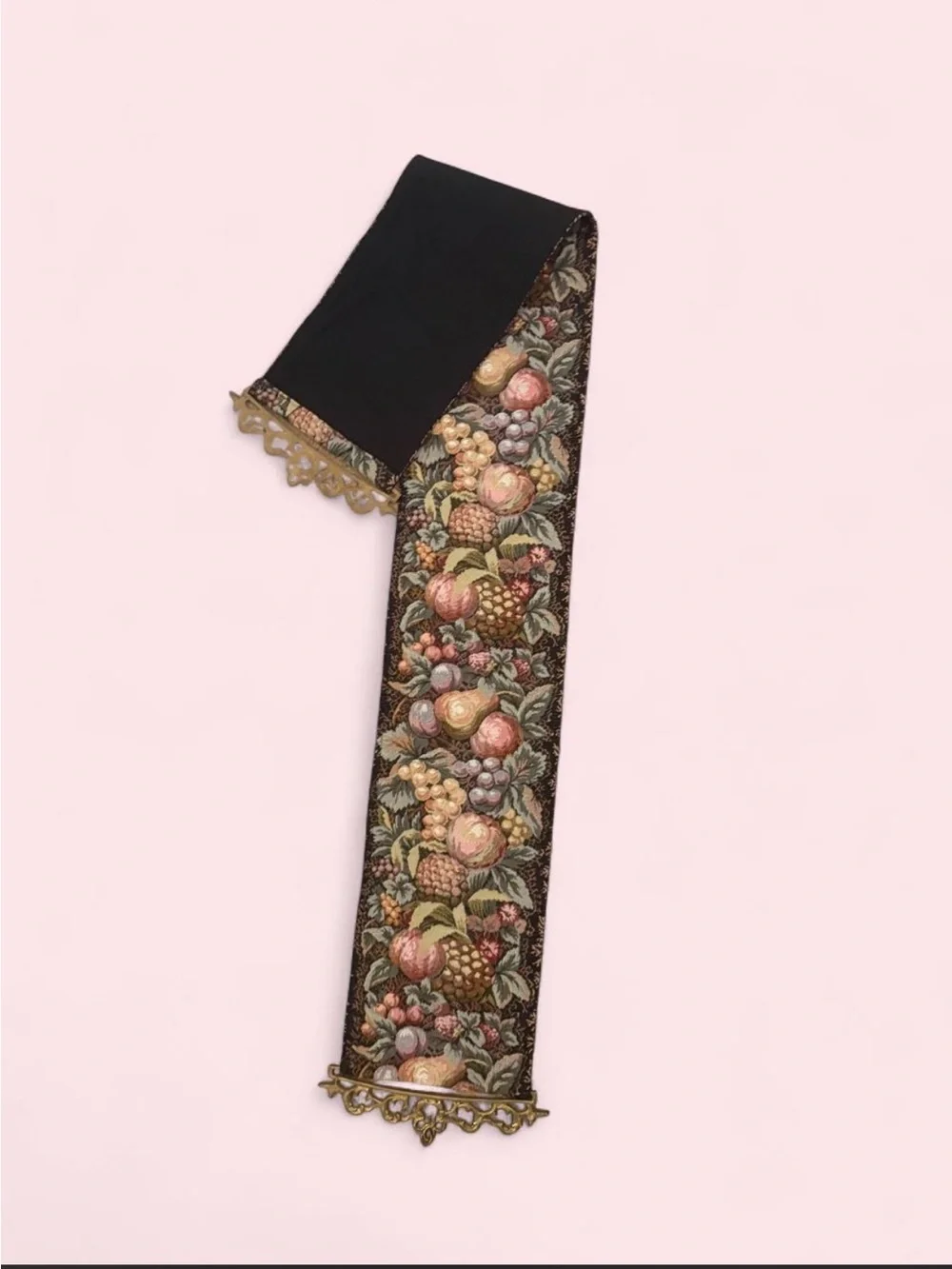 Vintage Fruit Tapestry Bell Pull Wall Hanging w/ Heavy Ornate Brass Ends